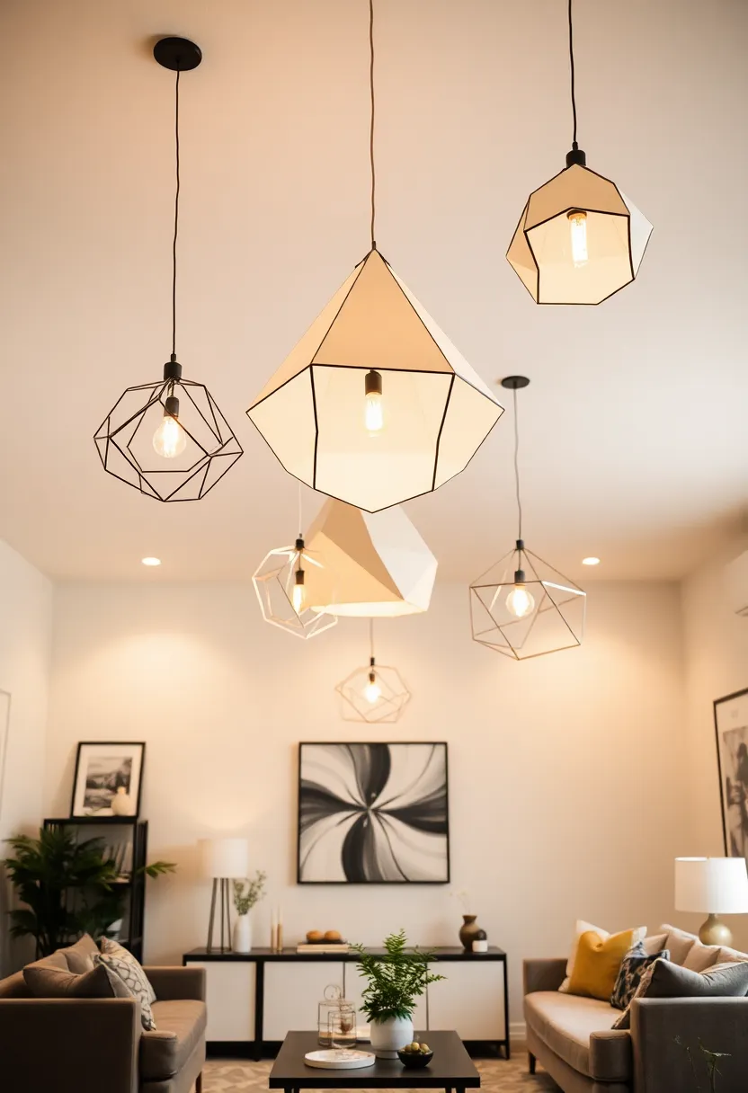 27+ Gorgeous Ceiling Light Ideas for Living Room Ambiance - 16. Geometric Light Fixtures
