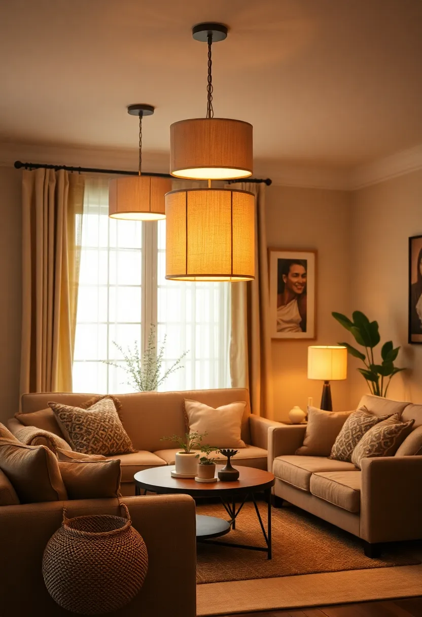 27+ Gorgeous Ceiling Light Ideas for Living Room Ambiance - 20. Soft Fabric Shade Fixtures
