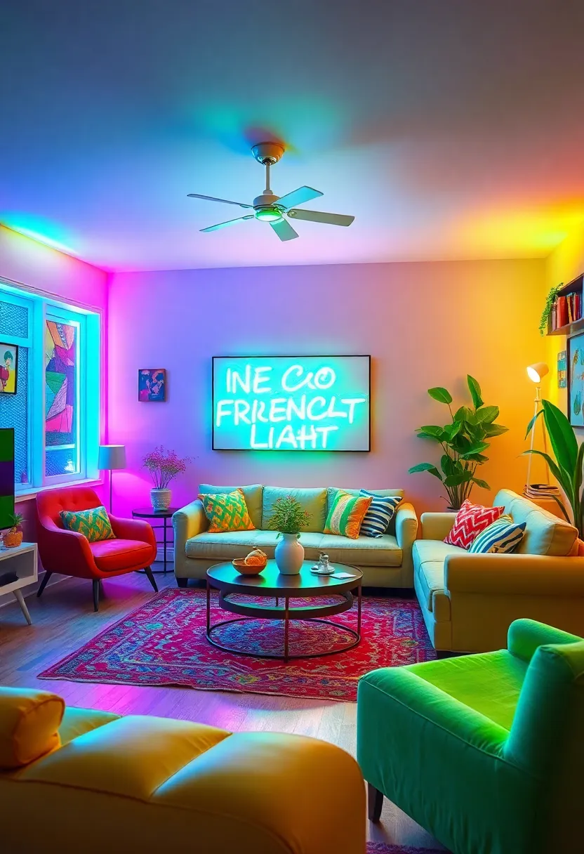 27+ Gorgeous Ceiling Light Ideas for Living Room Ambiance - 27. Neon Eco-Friendly Lights