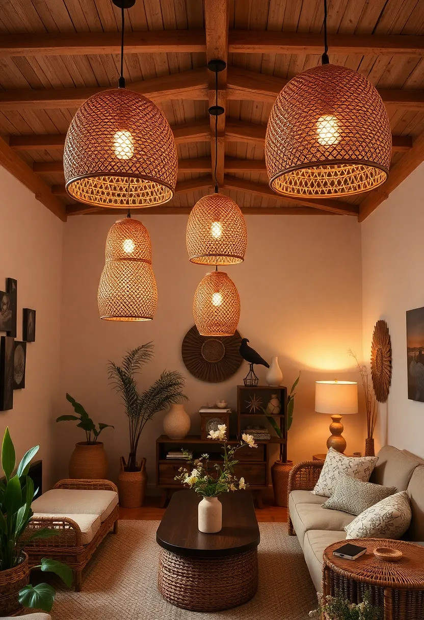 27+ Gorgeous Ceiling Light Ideas for Living Room Ambiance - 8. Handwoven Rattan Ceiling Lights