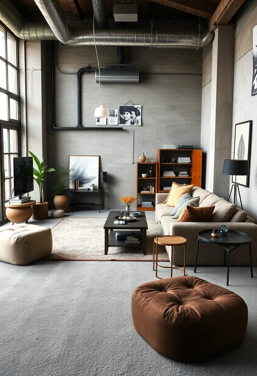 27+ Grey Carpet Living Room Ideas for a Chic Neutral Vibe - 12. Industrial Edge