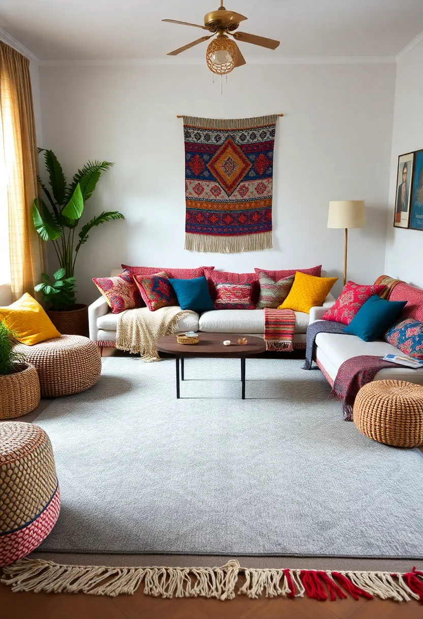 27+ Grey Carpet Living Room Ideas for a Chic Neutral Vibe - 13. Cozy Bohemian Vibes