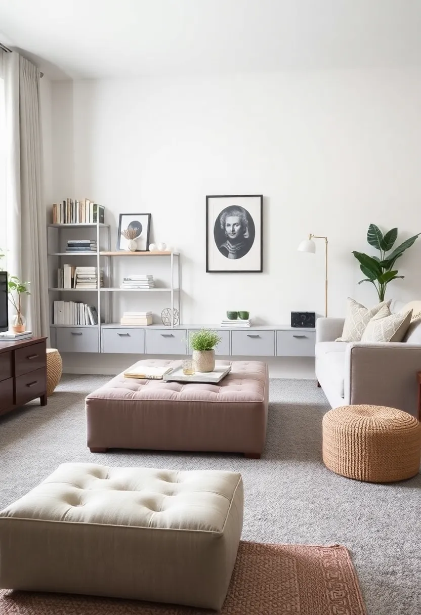 27+ Grey Carpet Living Room Ideas for a Chic Neutral Vibe - 14. Smart Storage Solutions