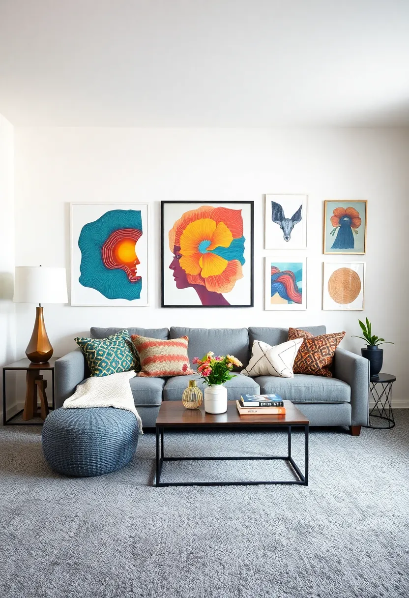 27+ Grey Carpet Living Room Ideas for a Chic Neutral Vibe - 17. Artistic Expressions