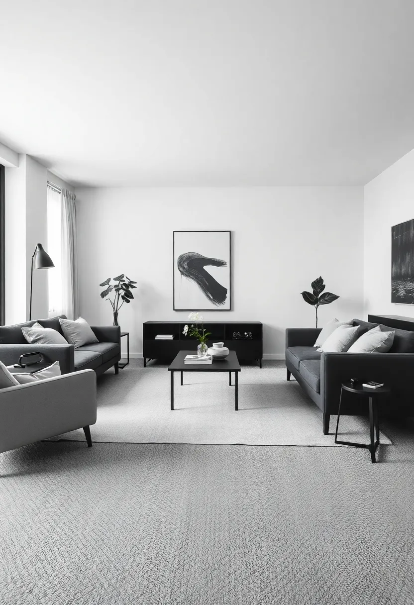 27+ Grey Carpet Living Room Ideas for a Chic Neutral Vibe - 2. Minimalist Monochrome Magic