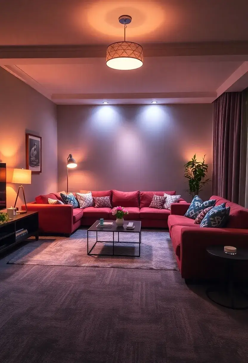 27+ Grey Carpet Living Room Ideas for a Chic Neutral Vibe - 21. Creative Lighting Solutions