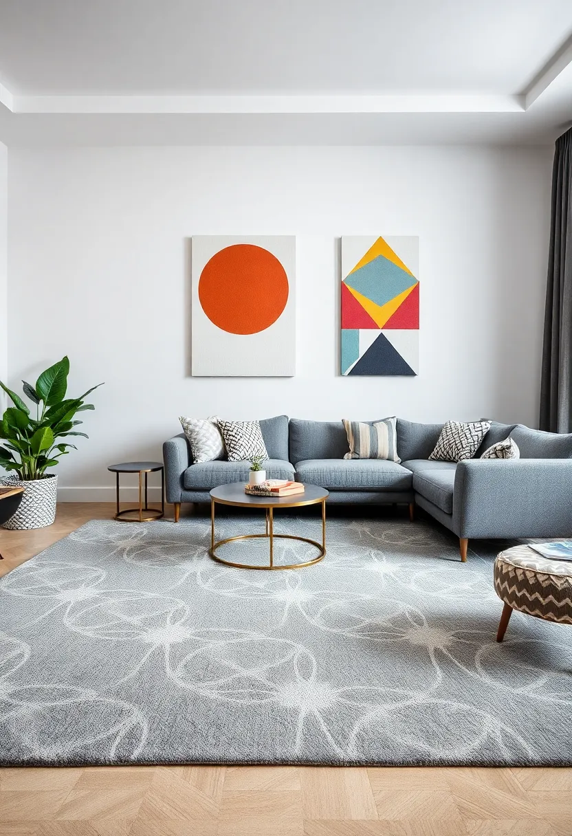 27+ Grey Carpet Living Room Ideas for a Chic Neutral Vibe - 24. Modern Geometric Designs
