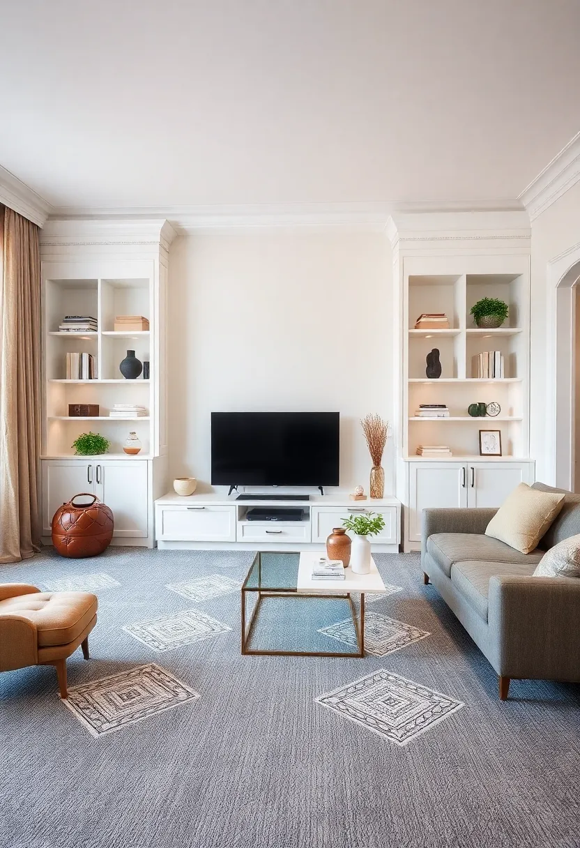 27+ Grey Carpet Living Room Ideas for a Chic Neutral Vibe - 26. Customized Built-Ins