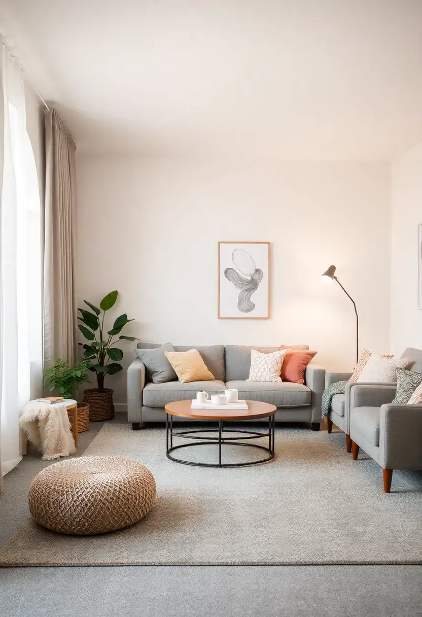 27+ Grey Carpet Living Room Ideas for a Chic Neutral Vibe - 8. Soft Color Accents