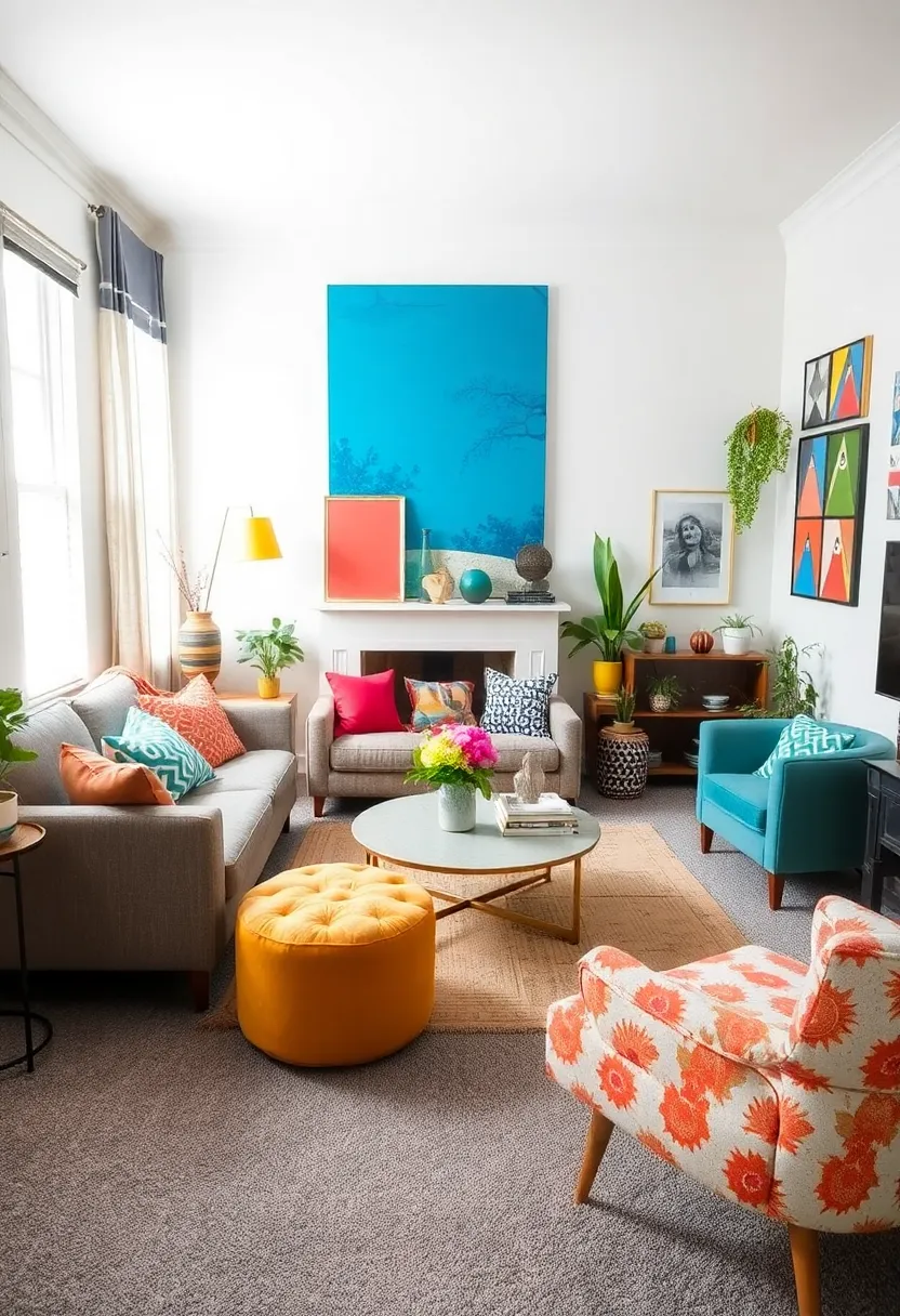 27+ Grey Carpet Living Room Ideas for a Chic Neutral Vibe - 9. Eclectic Style Mix