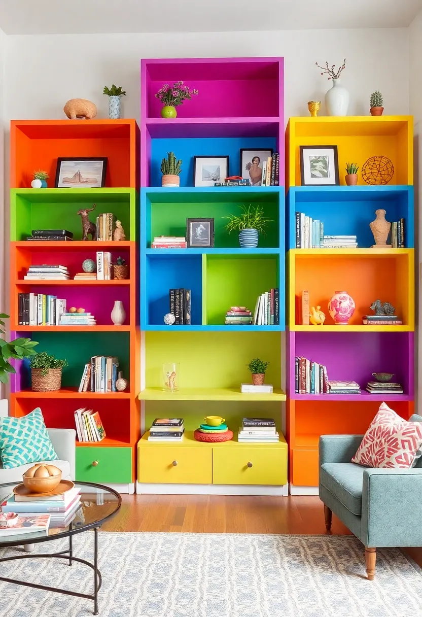 28+ Ideas for Floating Shelves in Living Room That Look Amazing 69 28+ Ideas for Floating Shelves in Living Room That Look Amazing - 11. Color Blocking with Shelves