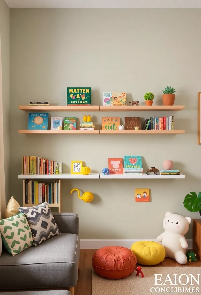 28+ Ideas for Floating Shelves in Living Room That Look Amazing 90 28+ Ideas for Floating Shelves in Living Room That Look Amazing - 14. Kids' Corner Shelves