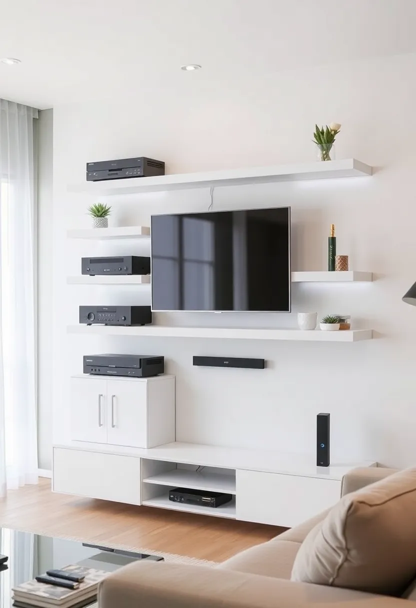 28+ Ideas for Floating Shelves in Living Room That Look Amazing 97 28+ Ideas for Floating Shelves in Living Room That Look Amazing - 15. Integrated Tech Solutions