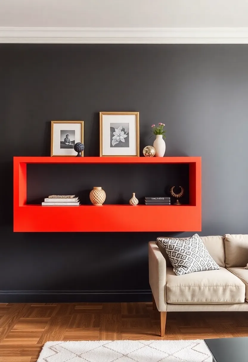 28+ Ideas for Floating Shelves in Living Room That Look Amazing 111 28+ Ideas for Floating Shelves in Living Room That Look Amazing - 17. Statement-Shelf Pieces