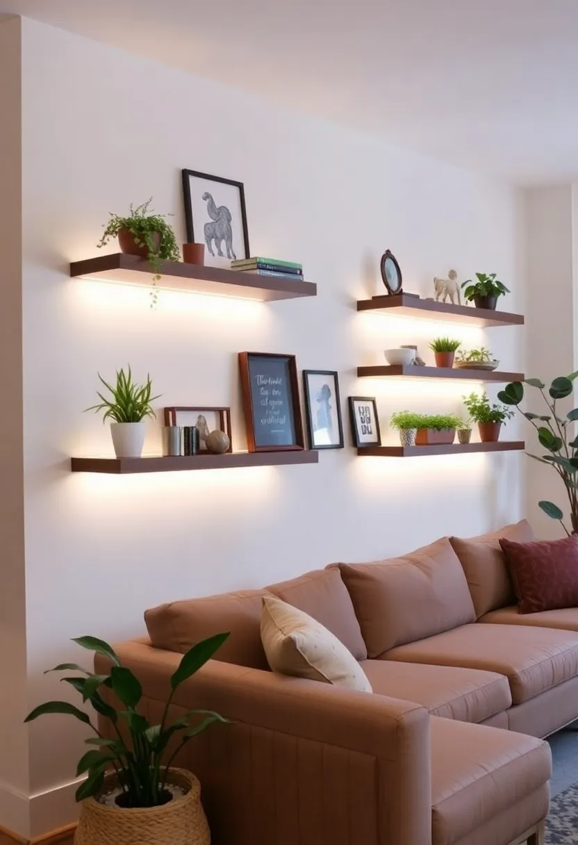 28+ Ideas for Floating Shelves in Living Room That Look Amazing 116 28+ Ideas for Floating Shelves in Living Room That Look Amazing - 18. Shelf with Integrated Lighting