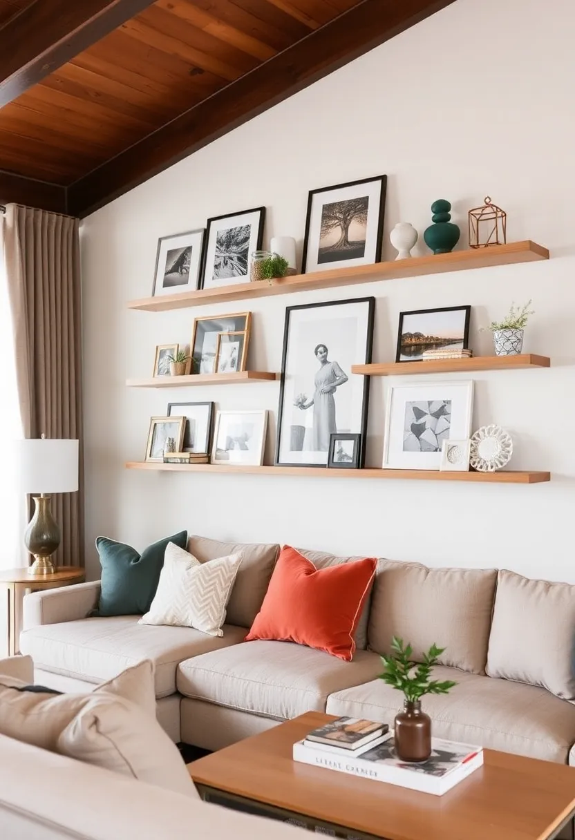 28+ Ideas for Floating Shelves in Living Room That Look Amazing 123 28+ Ideas for Floating Shelves in Living Room That Look Amazing - 19. Personalize with Artwork