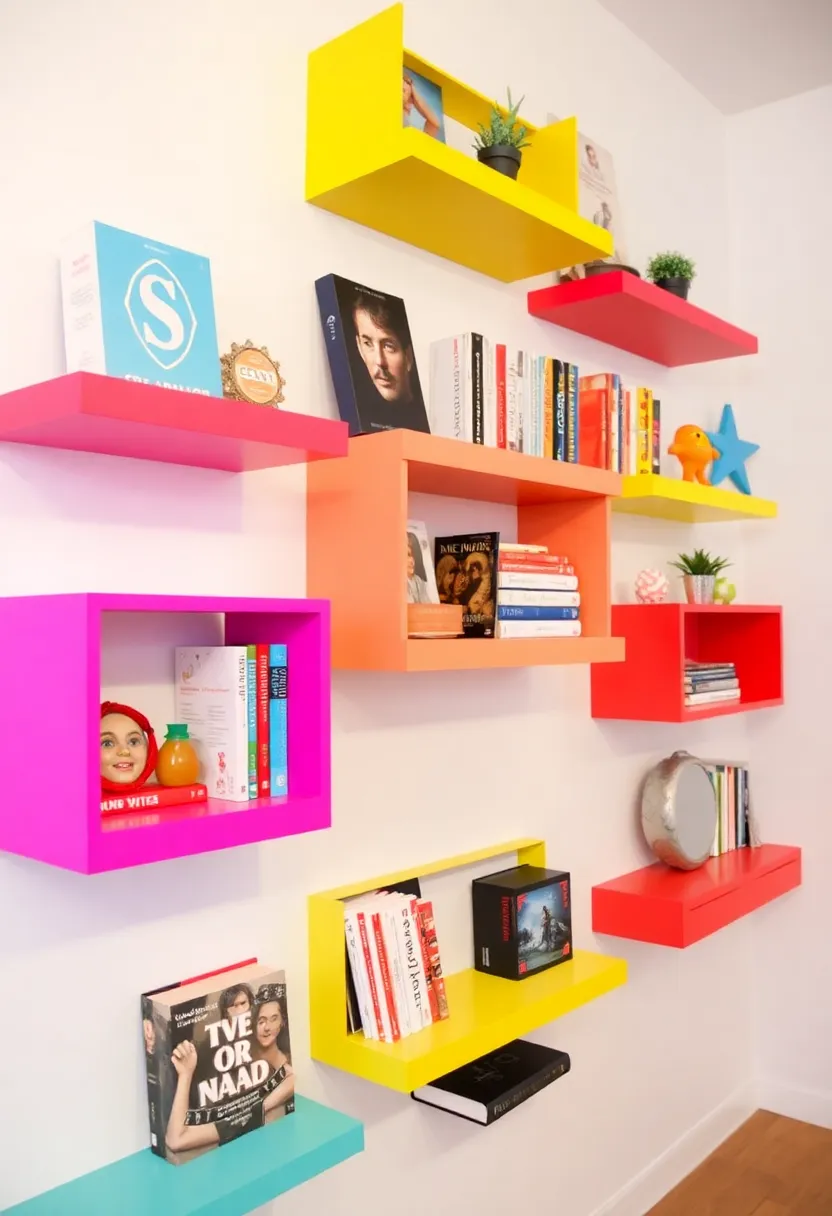 28+ Ideas for Floating Shelves in Living Room That Look Amazing 8 28+ Ideas for Floating Shelves in Living Room That Look Amazing - 2. Colorful Accent Shelves