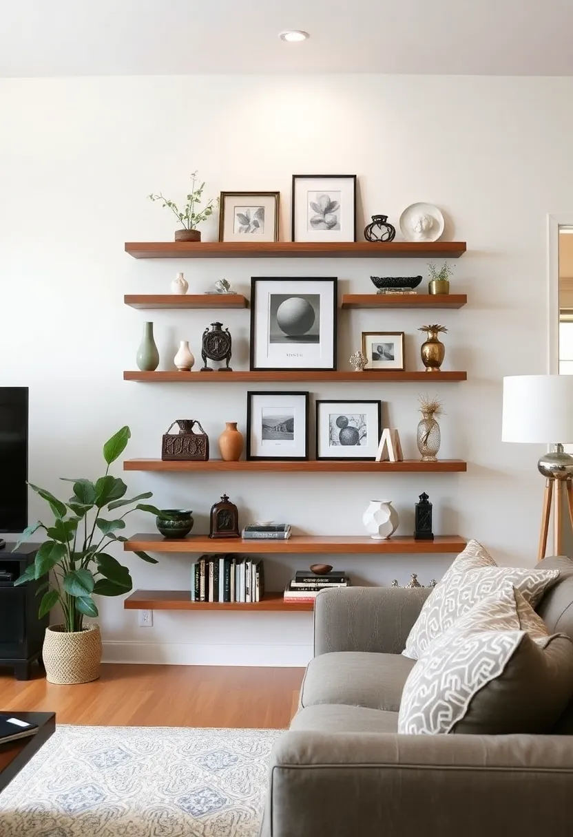 28+ Ideas for Floating Shelves in Living Room That Look Amazing 128 28+ Ideas for Floating Shelves in Living Room That Look Amazing - 20. Floating Shelves with Decorative Objects