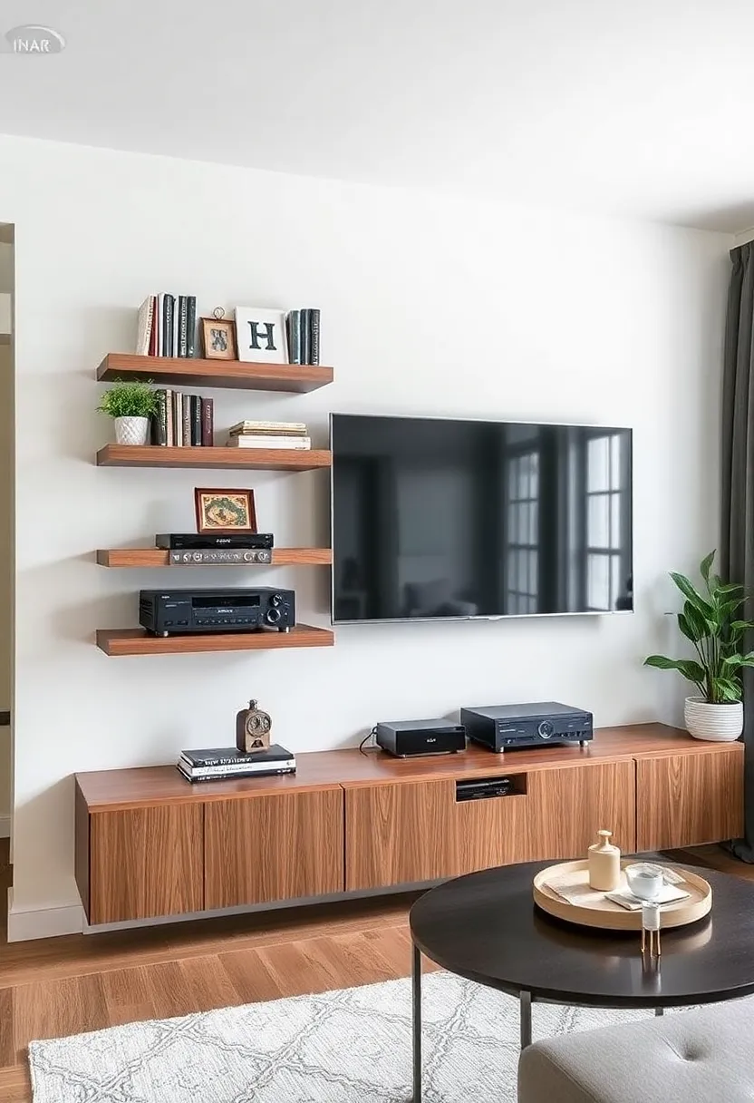 28+ Ideas for Floating Shelves in Living Room That Look Amazing 166 28+ Ideas for Floating Shelves in Living Room That Look Amazing - 26. Floating Shelves for Media Storage