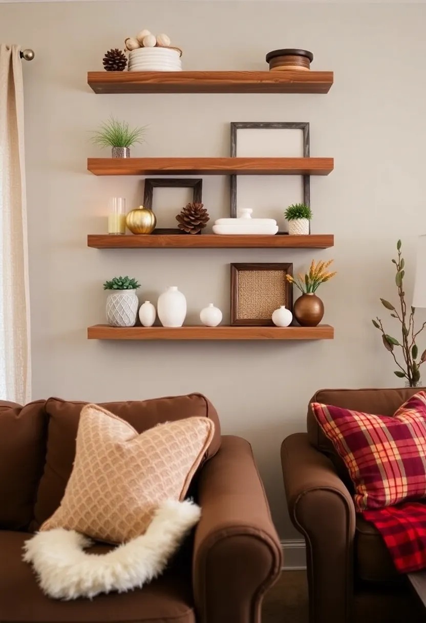 28+ Ideas for Floating Shelves in Living Room That Look Amazing 173 28+ Ideas for Floating Shelves in Living Room That Look Amazing - 27. Seasonal Decor Floating Shelves