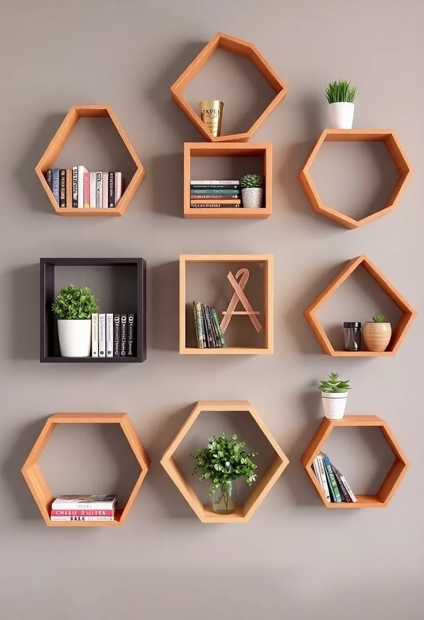 28+ Ideas for Floating Shelves in Living Room That Look Amazing 13 28+ Ideas for Floating Shelves in Living Room That Look Amazing - 3. Geometric Floating Shelves