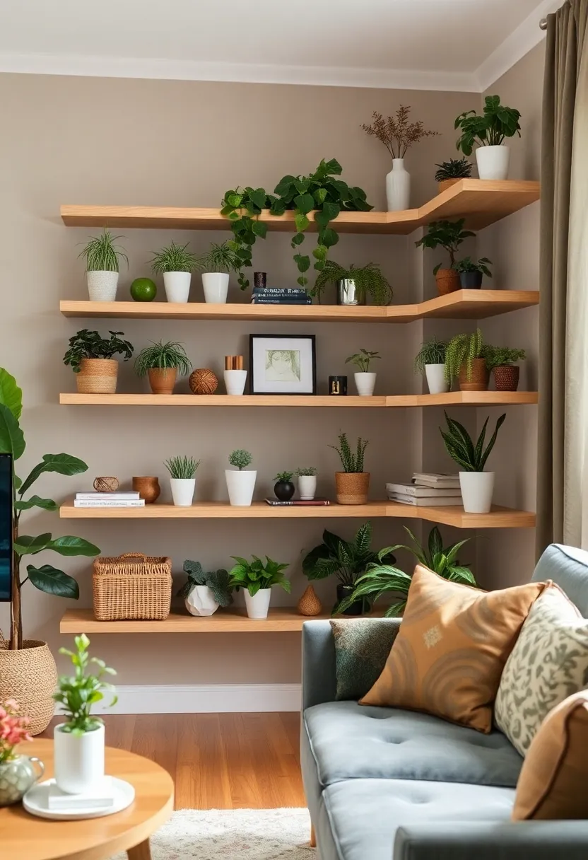 28+ Ideas for Floating Shelves in Living Room That Look Amazing 27 28+ Ideas for Floating Shelves in Living Room That Look Amazing - 5. Floating Corner Shelves