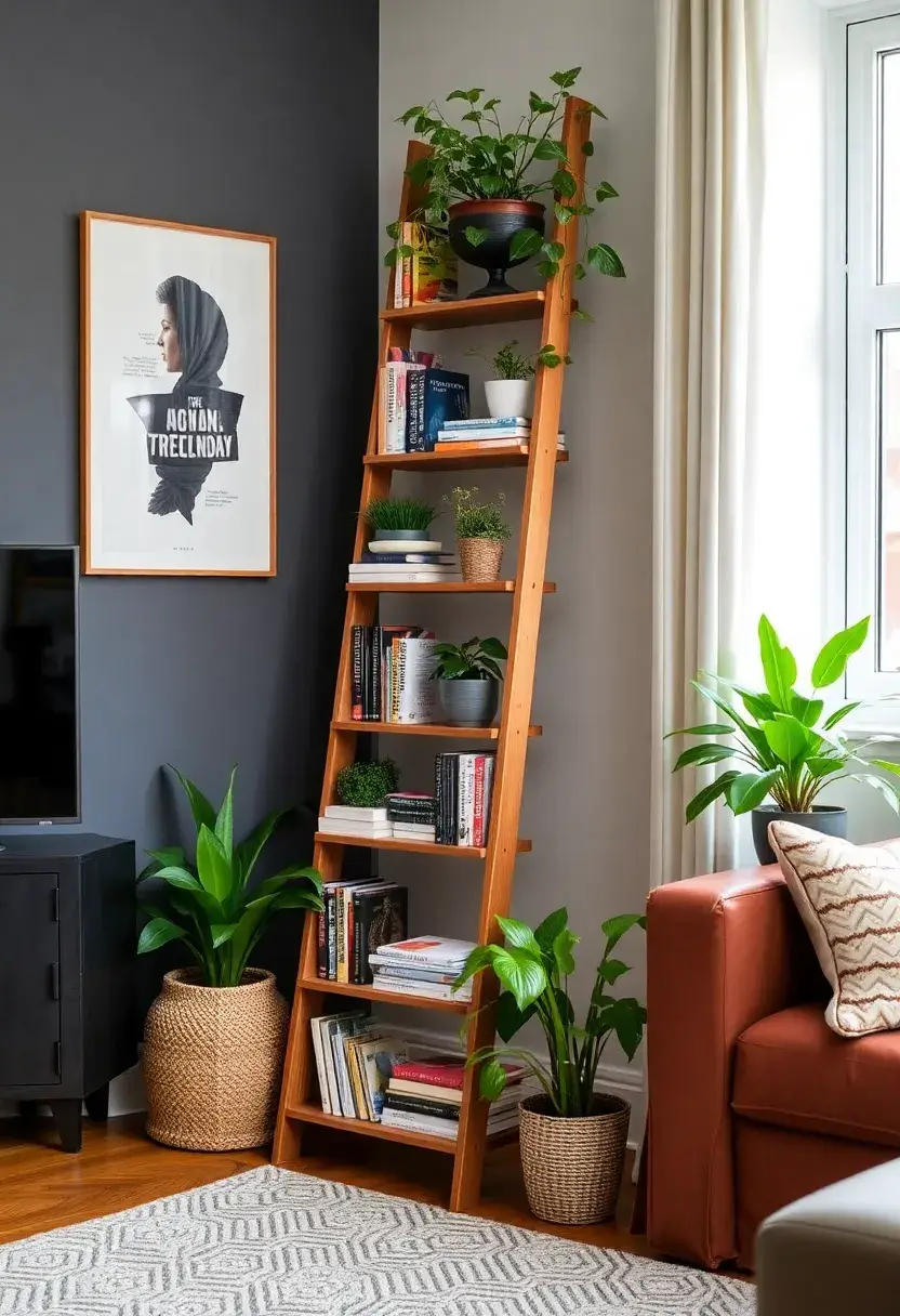 28+ Ideas for Floating Shelves in Living Room That Look Amazing 34 28+ Ideas for Floating Shelves in Living Room That Look Amazing - 6. Ladder Shelves