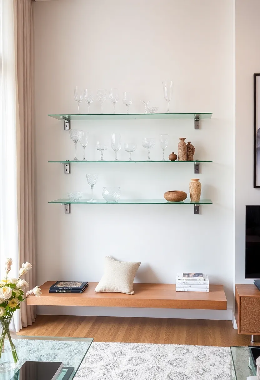 28+ Ideas for Floating Shelves in Living Room That Look Amazing 48 28+ Ideas for Floating Shelves in Living Room That Look Amazing - 8. Glass Floating Shelves