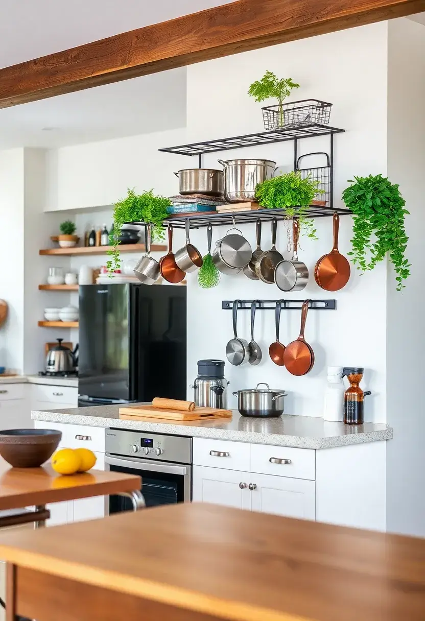 30+ Apartment Small Open Plan Kitchen Living Room Ideas That Work 197 30+ Apartment Small Open Plan Kitchen Living Room Ideas That Work - 29. Wall-Mounted Pot Racks