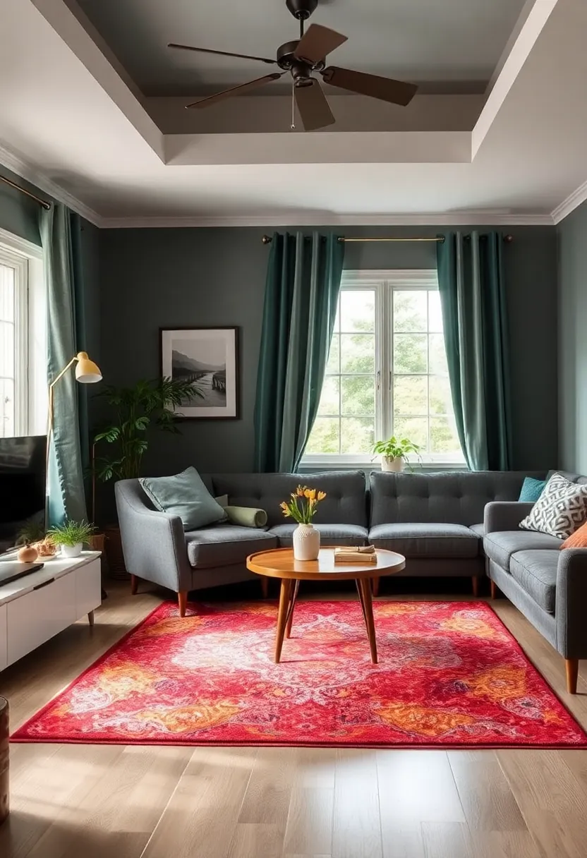 30+ Clever Ideas for Small Living Room with Kitchen Combo - 10. Colorful Rugs to Define Space