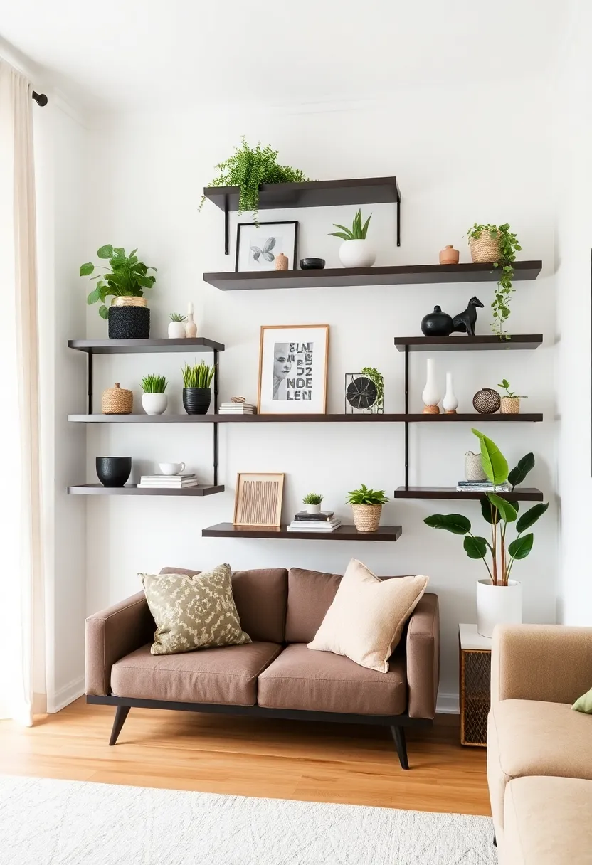30+ Clever Ideas for Small Living Room with Kitchen Combo - 2. Floating Shelves for Stylish Storage