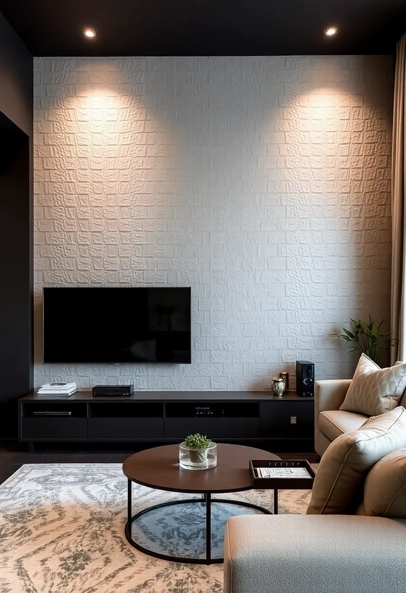 30+ Clever Ideas to Hide Your TV in the Living Room Seamlessly - 26. Textured Wallpaper