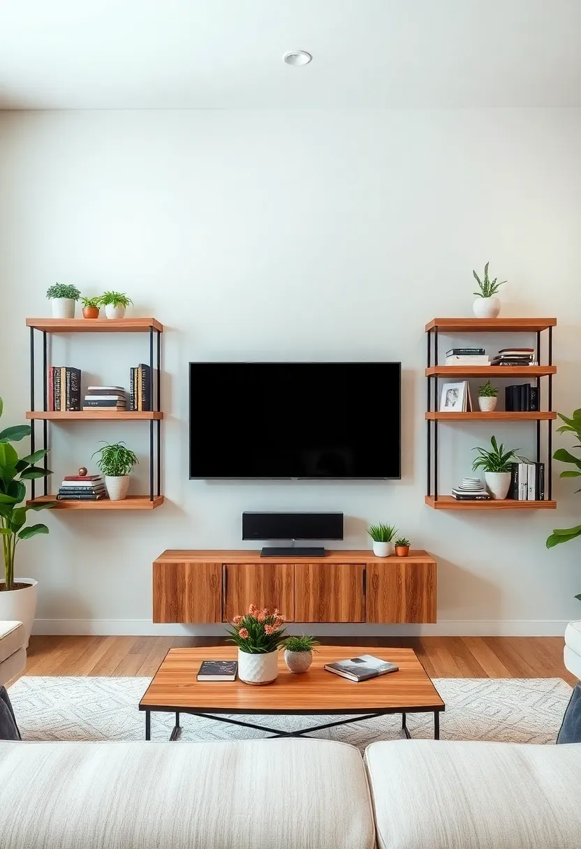 30+ Clever Ideas to Hide Your TV in the Living Room Seamlessly - 4. Floating Shelves