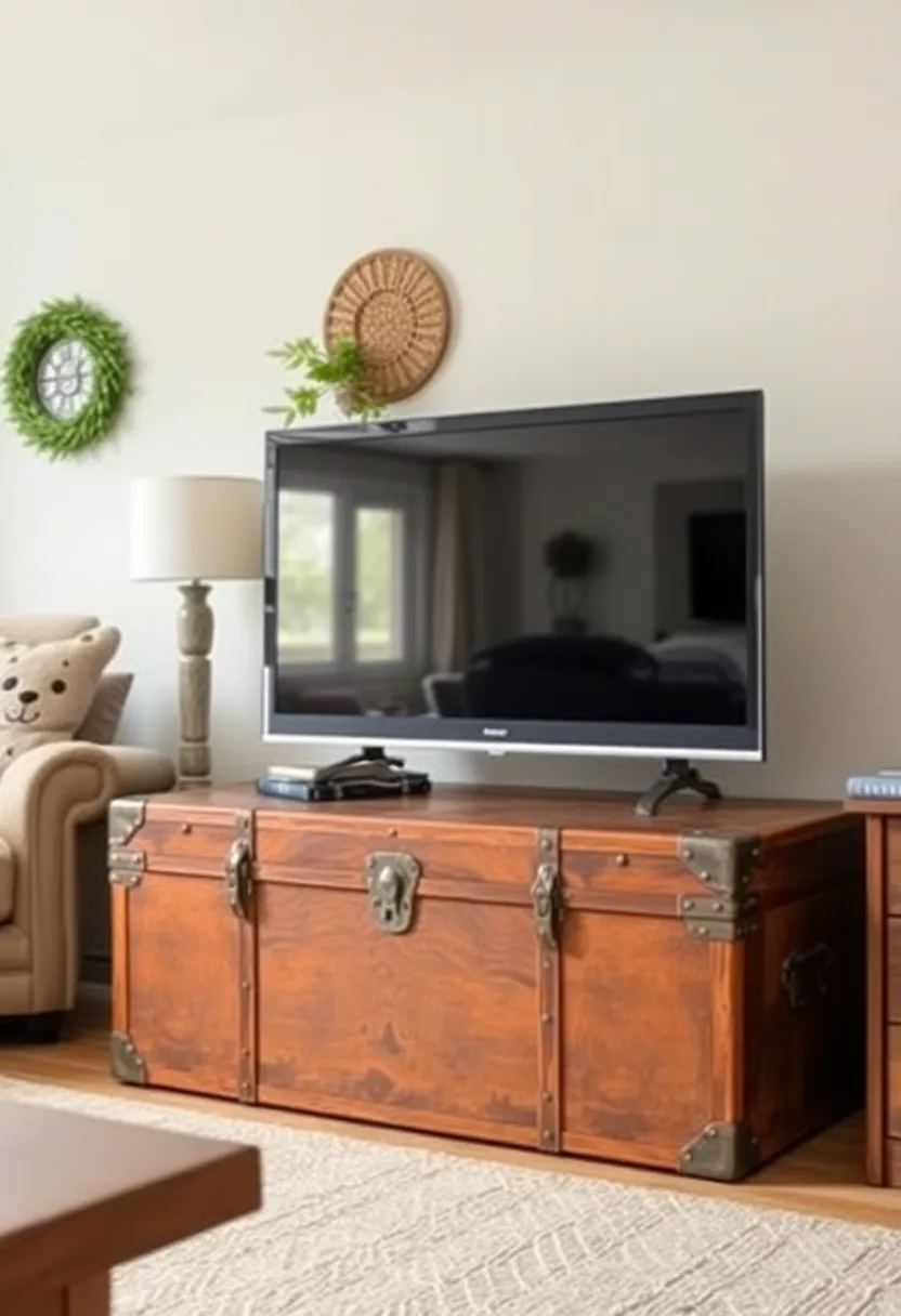 30+ Clever Ideas to Hide Your TV in the Living Room Seamlessly - 7. Vintage Trunks or Chests