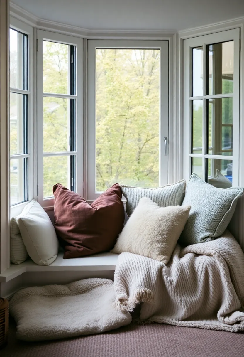 30+ Cozy Bay Window Ideas for Living Room Seating and Style - 13. Layered Textures