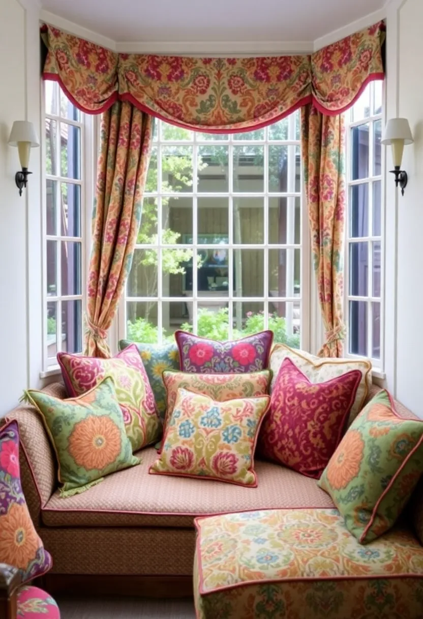 30+ Cozy Bay Window Ideas for Living Room Seating and Style - 23. Vibrant Patterns