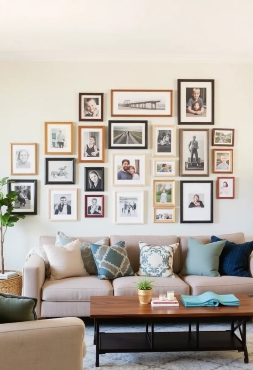 30+ Cozy and Functional Family Living Room Ideas for All Ages - 11. Gallery Walls Celebrating Family Memories