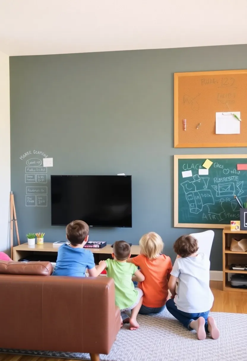 30+ Cozy and Functional Family Living Room Ideas for All Ages - 21. Interactive Wall Features