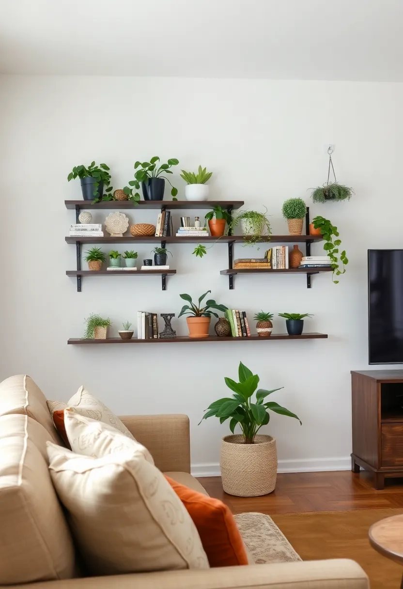 30+ Creative Ideas for Big Living Rooms That Feel Warm and Inviting - 13. Wall-mounted Shelves for Display