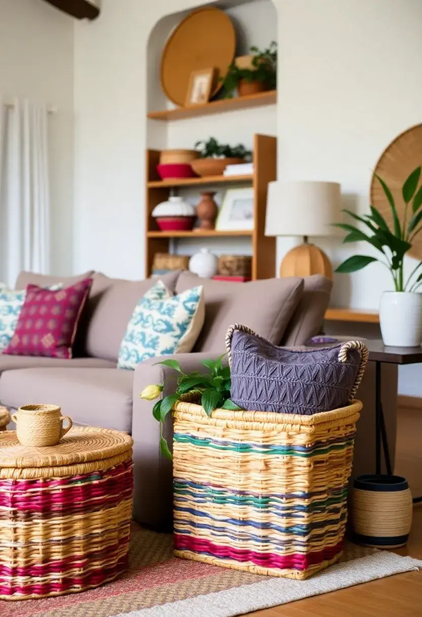 30+ Creative Ideas for Big Living Rooms That Feel Warm and Inviting - 17. Colorful Rattan Baskets for Storage