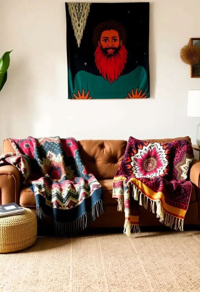 30+ Creative Ideas for Big Living Rooms That Feel Warm and Inviting - 21. Artistic Throw Blankets