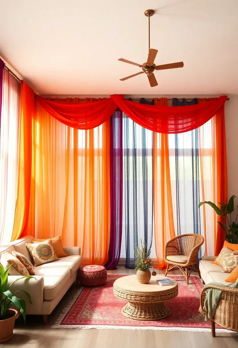 30+ Creative Ideas for Big Living Rooms That Feel Warm and Inviting - 24. Vibrant Curtains for Softness