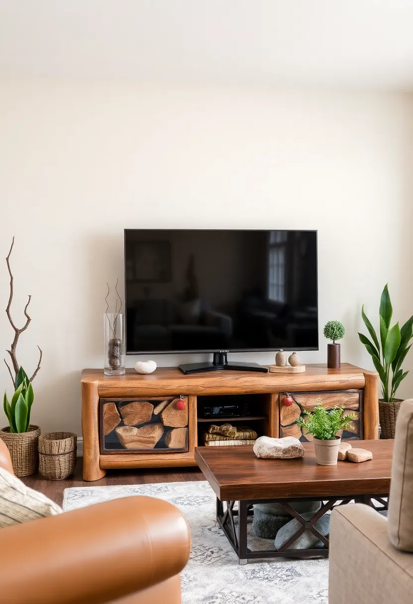 30+ Creative TV Stand Ideas for Living Room Design 83 30+ Creative TV Stand Ideas for Living Room Design - 13. Rustic Log Stand