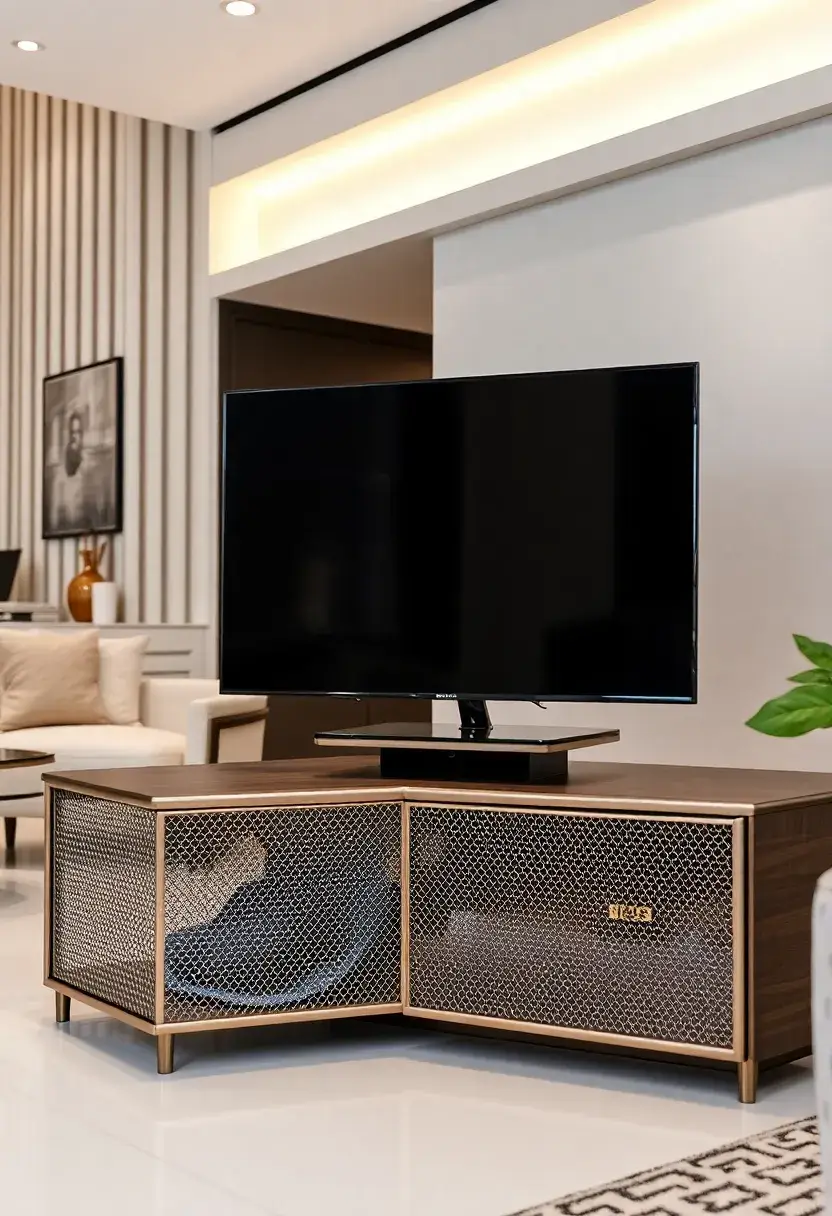 30+ Creative TV Stand Ideas for Living Room Design 90 30+ Creative TV Stand Ideas for Living Room Design - 14. Metallic Mesh Stand