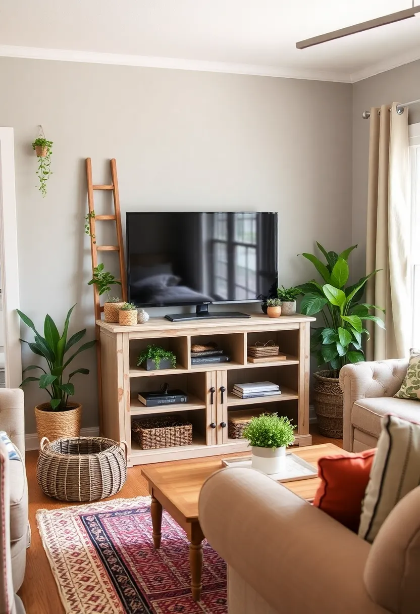 30+ Creative TV Stand Ideas for Living Room Design 118 30+ Creative TV Stand Ideas for Living Room Design - 18. Vintage Ladder Stand