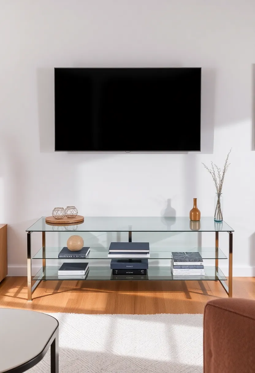 30+ Creative TV Stand Ideas for Living Room Design 128 30+ Creative TV Stand Ideas for Living Room Design - 20. Elegant Glass Stand