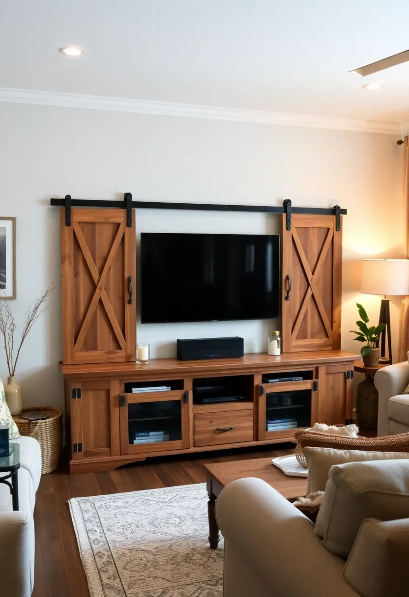 30+ Creative TV Stand Ideas for Living Room Design 149 30+ Creative TV Stand Ideas for Living Room Design - 23. Rustic Farmhouse Style