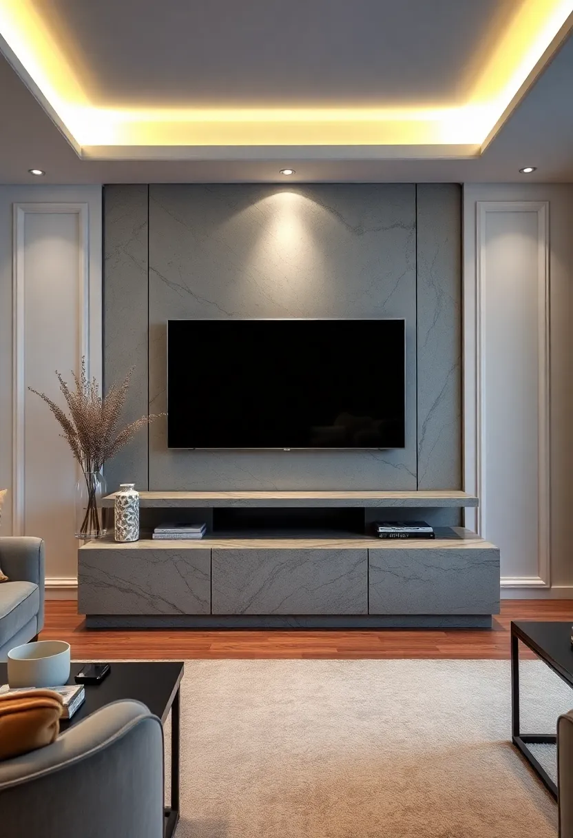 30+ Creative TV Stand Ideas for Living Room Design 156 30+ Creative TV Stand Ideas for Living Room Design - 24. Elegant Stone Stand