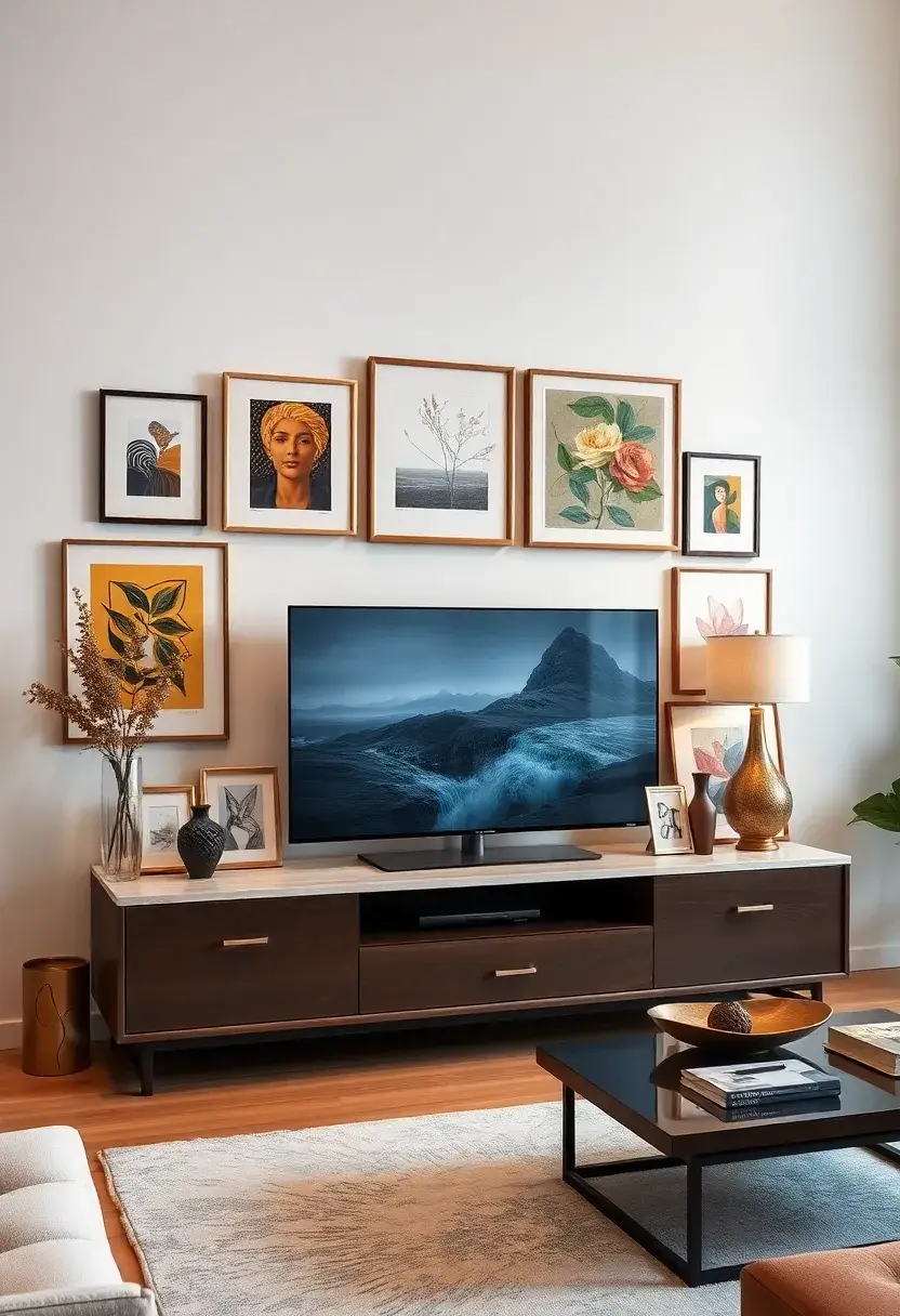 30+ Creative TV Stand Ideas for Living Room Design 170 30+ Creative TV Stand Ideas for Living Room Design - 26. Modern Art Display Stand