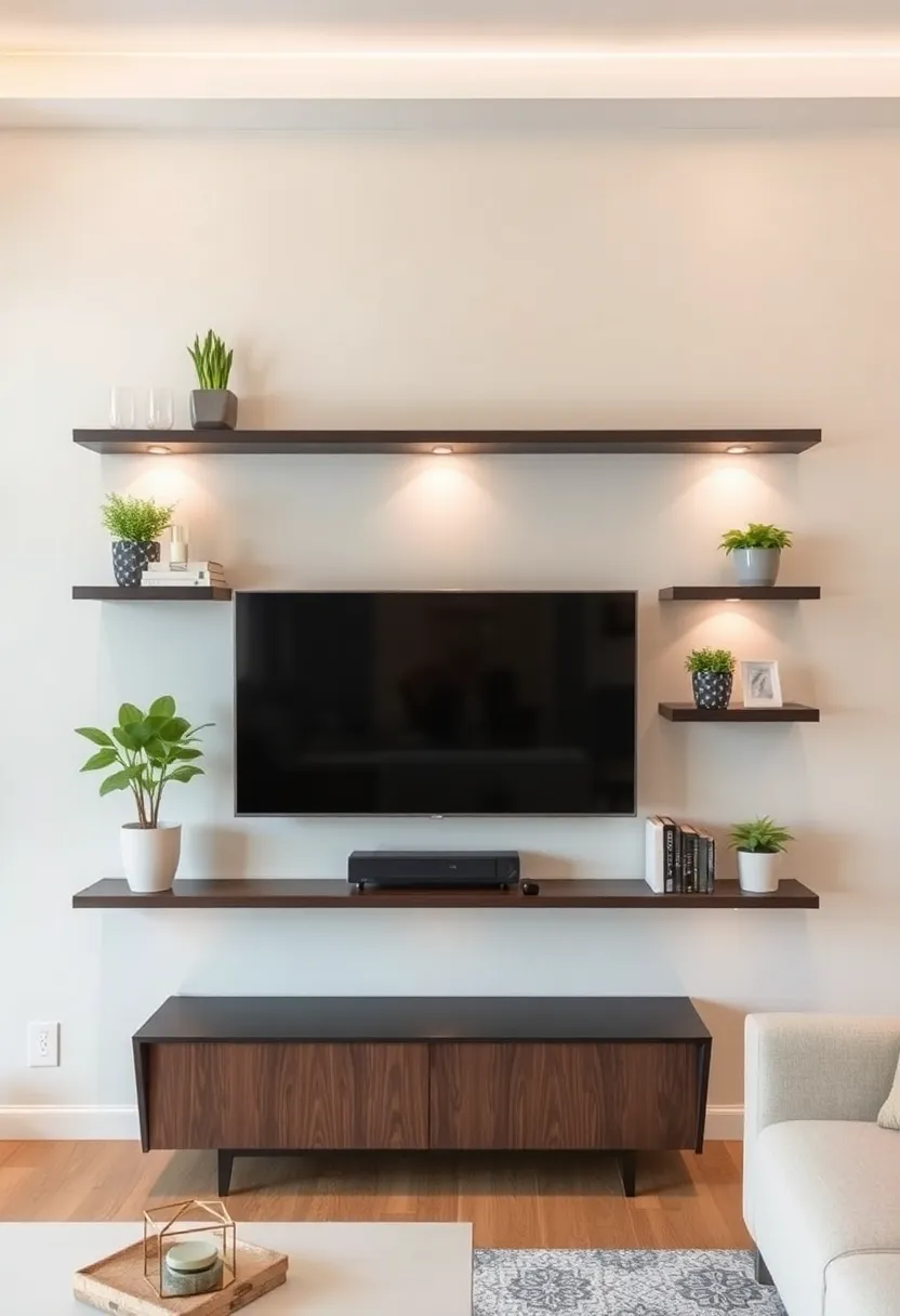 30+ Creative TV Stand Ideas for Living Room Design 15 30+ Creative TV Stand Ideas for Living Room Design - 3. Floating Shelves